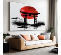 Framed Japanese Minimalist Canvas Wall Art for Living Room Wall Decor - Torii Gate Red Sun Landscape Painting Pictures 100 x 70 cm Canvas Prints Artwork for Bedroom Study Entryway