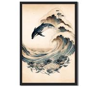 Framed Japanese Style Dolphin and Floral Wave Poster Canvas Print Art Vintage Minimalist Wall Art Painting Pictures Wall Decor Elegant Home Decor for Living Room Bedroom (Black Framed,16" Lx24 W)