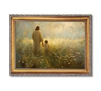 Framed Jesus and Child in Field Poster Canvas Print Art, Cute Painting, Pictures Wall Art, Boho Art Print, Home Decor, Wall Decoration for Living Room, Bedroom. (Retro Framed,24L x36W)