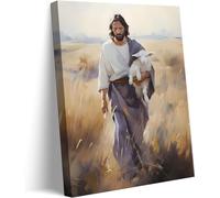 Framed Jesus and Lamb Canvas Wall Art Jesus Christ The Good Shepherd Picture Prints God Faith Poster Artwork Christian Home Bedroom Decoration 12x16in