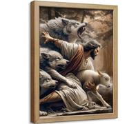 Framed Jesus and Lamb Canvas Wall Art Jesus Saves The Lost Lamb Picture Wall Decor God Protect A sheep From Wolves Painting Print Christian Poster Artwork for Living Room Bedroom Church (16x24 in)