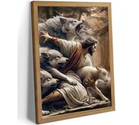 Framed Jesus and Lamb Canvas Wall Art Jesus Saves The Lost Lamb Picture Wall Decor God Protect A sheep From Wolves Painting Print Christian Poster Artwork for Living Room Bedroom Church (8x10 in)