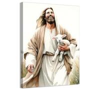 Framed Jesus and Lamb Canvas Wall Art Pictures Bible Story Jesus Finds the Lost Lamb Prints Christian Salvation Wall decor Poster Jesus Laughing Painting Wall Decor for Living Room Bedroom 12x16in