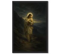 Framed Jesus Carrying The Lost Sheep Poster Canvas Print Art Vintage Rustic Wall Painting Pictures Decor Home Living Room(24" LX36 W)