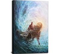 Framed Jesus Christ Canvas Wall Art Hand of God Jesus Reaching into the Water Christian Religious Art Blue Sea Bible Church Picture Poster Print Wall Decor for Living Room Bedroom Home Decor