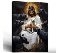 Framed Jesus Holding Lamb Facing Black Wolf Canvas Wall Art Christian Faith Themed Print Motivational Style Poster Living Room Bedroom Church Prayer Gallery Print 12x16 Inch Ready to Hang
