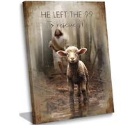 Framed Jesus Saves the Lost Lambs Canvas Wall Art Jesus Leaves 99 Sheep Picture Wall Decoration Christian Poster Print Suitable for Living Room Bedroom Church Home Decor Painting 12x16in