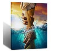 Framed Jesus Wall Art, Christian The Hand of God Jesus Reaching Into Water Christ Religion Canvas Wall Art Decor Blue Ocean Bible Pictures Posters Prints for Church Prayer Room 12x16inch