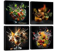 Framed Kitchen Wall Art 4 Pieces Fresh Vegetable Fruits Wall Prints Colorful Herbs Spices Canvas Wall Decor Kitchen Dessert Salad Pictures Modern Restaurant Dining Room Decor Home Decoration 30x30cm