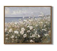 Framed Landscape Wall Art Blue Ocean Theme White Flower Pictures Wall Decor Abstract Floral Painting Prints Modern Seascape Artwork for Living Room Bedroom Bathroom Home Office Decoration, 8x10 Inch