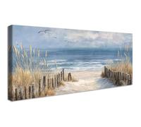 Framed Large Canvas Wall Art For Living Room Coastal Blue Ocean Sandy Beach Painting Wall Decor For Bedroom Seascape Reeds Seagull Picture Poster Canvas Print Dining Room Office Artwork Decor 50x120cm