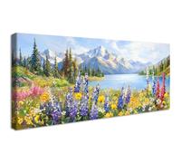 Framed Large Canvas Wall Art For Living Room Colourful Wildflowers Painting Wall Decor For Bedroom Snow Mountains Picture Poster Lakeside Landscape Canvas Prints Dining Room Artwork Decor 50x120cm