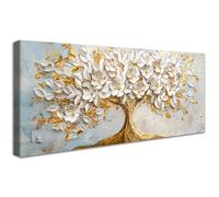 Framed Large Canvas Wall Art For Living Room White Flowering Tree of Life Painting Wall Decor For Bedroom Luxurious Modern Golden Tree Picture Canvas Print Dining Room Office Artwork Decor 50x120cm