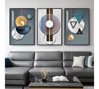 Framed Large Modern Luxury Wall Art for Living Room, 3 Piece Abstract Blue Green Paintings Wall Decor, Bright Style Geometry Prints Artwork with Black Frame for Office 24x36 Inch