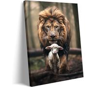 Framed Lion and Lamb Canvas Wall art Christian Jesus Lion King Poster Print God Religious Artwork Church Wall Decor Pictures for Living Room Bedroom Decoration