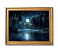 Framed Magical Full Moon Night Forest River Poster Canvas Print Art Vintage Rustic Wall Art Painting Pictures Wall Decor Whimsical Art Print Home Decor for Bedroom Living Room (Retro Framed,16"Lx24"W)