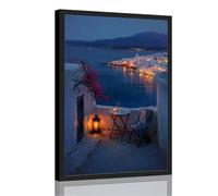 Framed Mediterranean village poster Canvas Print Art Coastal Evening Scene Poster Painting Prints Romantic Seaside Town Contemporary Art Print (Black Framed,24" Lx36 W)