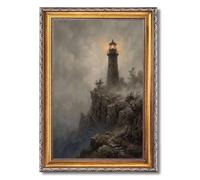Framed Misty Lighthouse on Coastal Cliff Poster, Canvas Print Art, Vintage Rustic Wall Art, Painting, Pictures, Wall Decor, Art Print, Stunning Home Decor, Living Room (Retro Framed,12L X16W)
