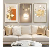 Framed Modern Luxury Gold Wall Art for Living Room, Set of 3 Piece Contemporary Paintings Artwork for Walls, Golden Prints Pictures with Gold Frame, Wall Decor for Home Office - Total 30" x 60"