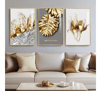 Framed Modern Luxury Gold Wall Art, Set of 3 Piece Contemporary Paintings Artwork for Walls, Golden Leaf Prints with Gold Frame, Pictures for Living Room, Hallway, Bedroom, Office Wall Decor 16x24