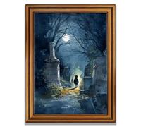 Framed Moonlight Forest Cemetery Poster Canvas Print Art Gothic Vintage Art Print Wall Art Painting Pictures Wall Decor Elegant Home Decor for Living Room Bedroom (Retro Framed,12" Lx16 W)