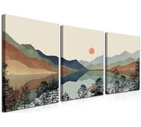 Framed Mountain Canvas Wall Art Set of 3, Boho Watercolor Poster Prints Painting, Sun Forest Abstract Nature Landscape Artwork Wall Decor for Living Room, Bedroom, Office 16x24 In