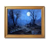 Framed Mysterious Moonlit Cemetery Halloween Poster Canvas Print Art Gothic Vintage Wall Art Painting Pictures Wall Decor Stunning Art Print Home Decor Bar (Retro Framed,16" Lx24 W)