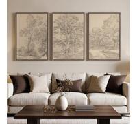 Framed Neutral Vintage Landscape Wall Art for Living Room, 3 Piece Large Tree Sketch Rustic Canvas Artwork for Walls, Brown Forest Wabi Sabi Farmhouse Wall Decor for Bedroom Hallway Office, 20x30 Inch