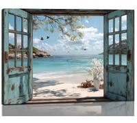 Framed Open Window Beach Canvas Wall Art Coastal Wall Decor Picture White Flowers and Butterflies Painting Artwork Fake Window Wall Art Horizontal Nature Landscape Seaside Summer Print for Home
