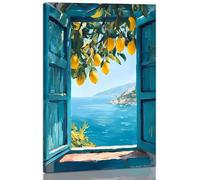 Framed Open Window Beach Canvas Wall Art Coastal Wall Decor Picture White Flowers and Butterflies Painting Artwork Fake Window Wall Art Horizontal Nature Landscape Seaside Summer Print for Home