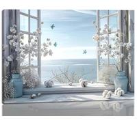 Framed Open Window Beach Canvas Wall Art Coastal Wall Decor Picture White Flowers and Butterflies Painting Artwork Fake Window Wall Art Horizontal Nature Landscape Seaside Summer Print for Home