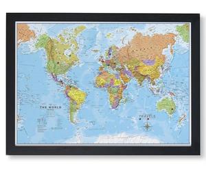 Framed Push Pin World Travel Map - Canvas Pin Board Black Frame with Assorted Pins - Travel Map Pin Board Gift - Maps International