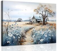 Framed Rustic Farmhouse Canvas Wall Art Beautiful Field Painting Wildflower Barn Print Nature Scenery Picture French Countryside Poster for Bathroom Bedroom Living Room Office Wall Decor 24x36in