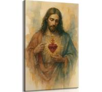 Framed Sacred Heart of Jesus Canvas Wall Art Divine Mercy Wall Decor Pictures Jesus Portrait Poster Print Christian Religious Painting Artwork for Living room bedroom decoration 12x16in