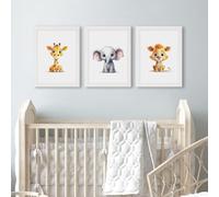 Framed Safari Animals Baby Girl or Boy Nursery Bedroom, Set of 3 Framed Prints, Elephant Giraffe Lion, Baby Gift Ideas, Nursery Decor Wall Art Gift Present (A3)