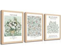 Framed Sage Green Vintage Wall Art Set of 3, Abstract Matisse Canvas Wall Decor, Van Gogh Flower Posters Artwork, William Morris Paintings Prints for Bedroom Living Room Home Decor Wood Frame 12x16In