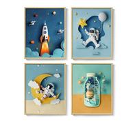 Framed Space Astronaut Cool Wall Art for Nursery Decor, 4 Piece Modern Space Themed Canvas Prints Artwork for Walls, Rocket Pictures for Bedroom, Kids Room, Baby Room, Boys Room, Bathroom Wall Decor