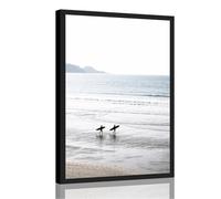 Framed Surfers Walking Poster Canvas Print Art Minimalist Aesthetic Poster Painting Prints Ocean Waves Beach Landscape Art Print for Living Room Home Decor Pictures Wall Decor (Black Framed,12"Lx18"W)