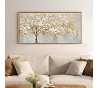 Framed Tree of Life Wall Art, Large Modern Rustic Farmhouse Neutral Gold Tree Canvas Painting Print Artwork, Elegant Gray White Golden Picture for Living Room Office Dining Room Bedroom Home Decor
