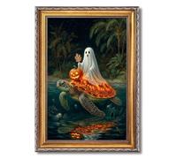 Framed Tropical Ghost Riding Sea Turtle with Pumpkin Poster, Canvas Print Art, Funky Whimsical Wall Art, Painting, Pictures, Wall Decor, Cute Home Decoration, Bedroom (Retro Framed,12L X16W)