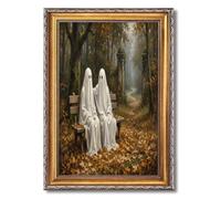 Framed Two Ghosts Sitting on Bench in Autumn Forest Poster, Canvas Print Art, Vintage Boho Wall Art, Painting, Pictures, Art Print, Whimsical Cute Home Decor,Bedroom (Retro Framed,12L X16W)