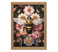 Framed Vintage 3D Textured Wall Art - Dark College Bee Flowers Wall Decor - Hand Drawn Sandstone Nature Botanical Pictures for Living Room Bedroom Home Decor 12x16in
