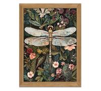 Framed Vintage 3D Textured Wall Art - Dark Green Dragonfly Flowers Wall Decor - Hand Drawn Sandstone Nature Botanical Pictures for Living Room Bedroom Home Decor 12x16in