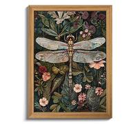 Framed Vintage 3D Textured Wall Art - Dark Green Dragonfly Flowers Wall Decor - Hand Drawn Sandstone Nature Botanical Pictures for Living Room Bedroom Home Decor 24x36in
