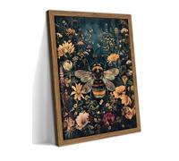 Framed Vintage Bee Canvas Wall Art, Dark College Retro Floral Picture Prints, Nature Botanical Wildflower Bee Artwork Wall Decor for Living Room Bedroom Home Decor - 16x24in