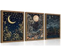 Framed Vintage Botanical Wall Art Set of 3, Nature Moon Night Sky Floral Canvas Prints, Forest Scenery Picture Painting, William Morris Farmhouse Wall Decor for Living Room Bedroom 16x24 inch