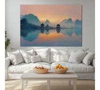 Framed Vintage Chinese Style Mountains Gardens Canvas Wall Art Decor Prints 90 x 60 cm, Canvas Pictures Wall Art Poster Artwork for Tea Room Zen Space Study Room Home Office Decoration