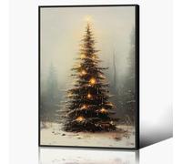 Framed Vintage Christmas Tree Canvas Wall Art, Light Up Christmas Tree Painting Poster, Winter Snowy Poster, Muted Neutral Moody Rustic Winter Picture Prints for Wall Decor 16x24in