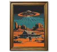 Framed Vintage Desert UFO Abduction Poster Canvas Print Wall Art Pictures Wall Decor, Exquisite Outer Space Art Print for Living Room, Bedroom, Apartment Decoration (Retro Framed,16L X24W)