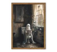 Framed Vintage Halloween Bathroom Ghost Wall Art, Cute Ghost on Toilet Reading Pictures Wall Decor, Spooky Gothic Dark Academia Paintings Canvas Prints Moody Home Decor for Restroom 12x16 inch
